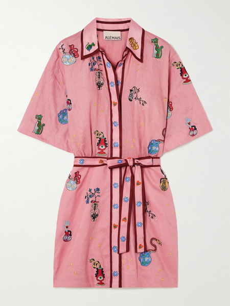  Alémais Alémais - + Nadia Hernandez Timmy Belted Embroidered Printed Linen Mini Shirt Dress - Pink 