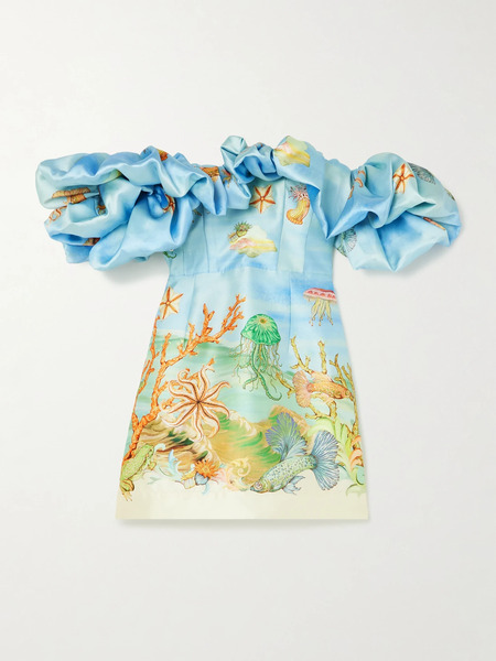  Alémais Alémais - + Sam Pauletto Emerald Cove Off-the-shoulder Gathered Printed Recycled Duchesse-satin Mini Dress - Blue 