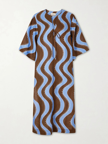  Alémais Alémais - Tie-detailed Embroidered Linen Midi Dress - Blue 
