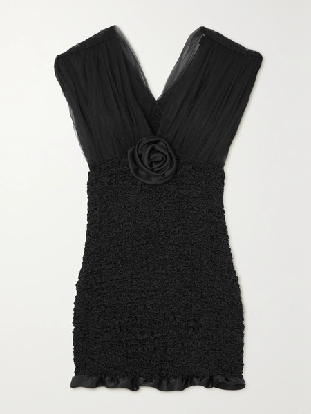  Alessandra Rich Alessandra Rich - Appliquéd Shirred Silk-satin And Tulle Mini Dress - Black 