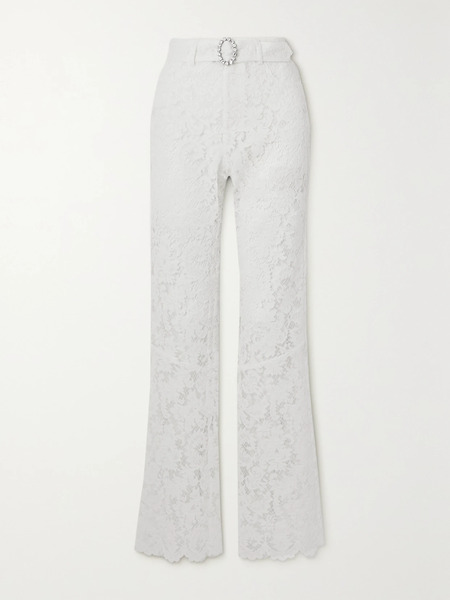  Alessandra Rich Alessandra Rich - Belted Crystal-embellished Cotton-blend Lace Flared Pants - White 