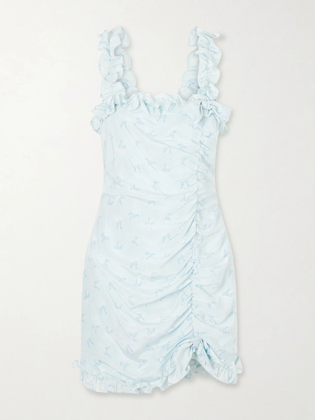  Alessandra Rich Alessandra Rich - Bow-embellished Floral-print Silk-satin Mini Dress - Blue 