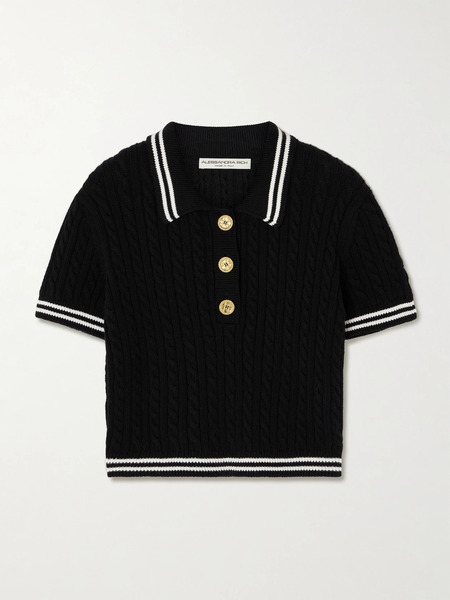  Alessandra Rich Alessandra Rich - Cropped Cable-knit Cotton Polo Shirt - Black 