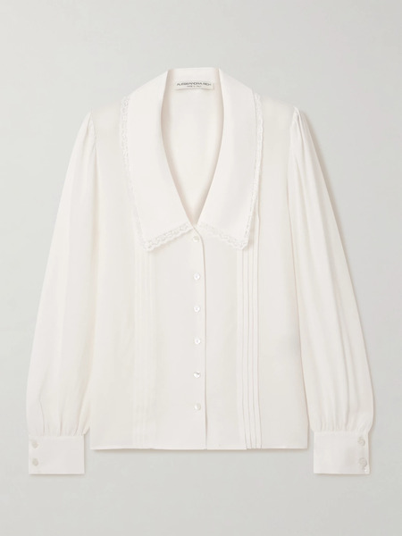  Alessandra Rich Alessandra Rich - Lace-trimmed Pintucked Silk-chiffon Blouse - White 