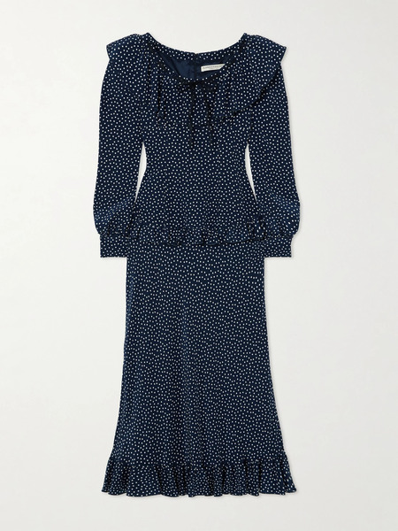  Alessandra Rich Alessandra Rich - Ruffled Polka-dot Silk Crepe De Chine Midi Dress - Navy 