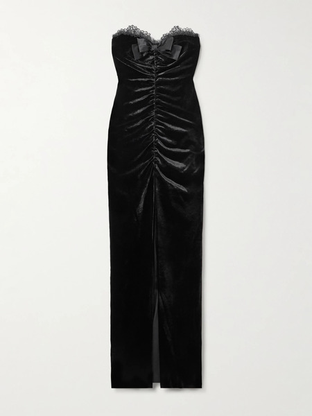  Alessandra Rich Alessandra Rich - Sleveless Bow-embellished Gathered Lace-trimmed Velvet Gown - Black 