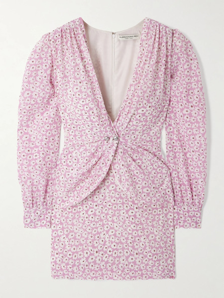  Alessandra Rich Alessandra Rich - Wrap-effect Embellished Pleated Floral-print Silk Crepe De Chine Mini Dress - Pink 