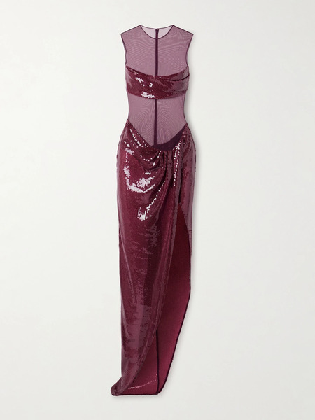  Alex Perry Alex Perry - Asymmetric Paneled Draped Sequined Tulle Gown - Burgundy 