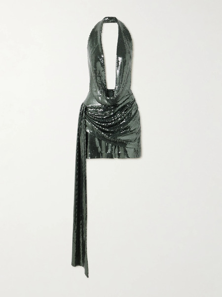  Alex Perry Alex Perry - Draped Sequined Mesh Halterneck Mini Dress - Dark Green 