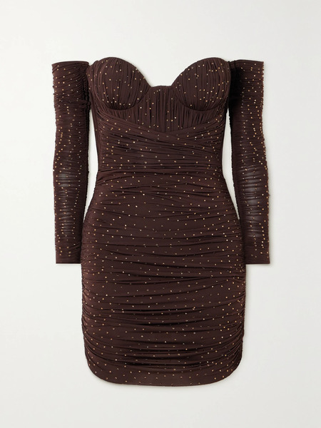 Alex Perry Alex Perry - Koda Ruched Crystal-embellished Stretch-jersey Mini Dress And Gloves Set - Brown 