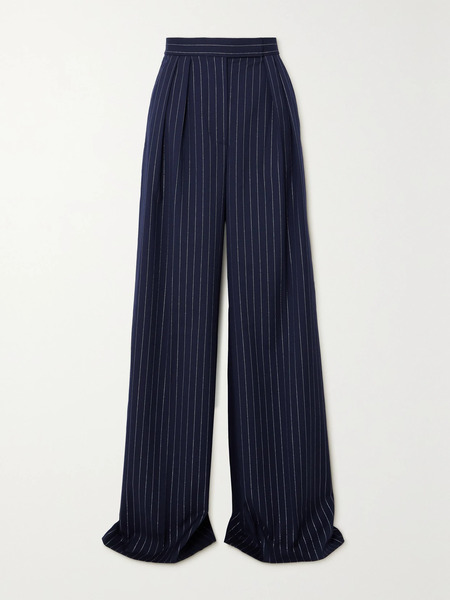  Alex Perry Alex Perry - Pleated Metallic Pinstriped Twill Wide-leg Pants - Navy 