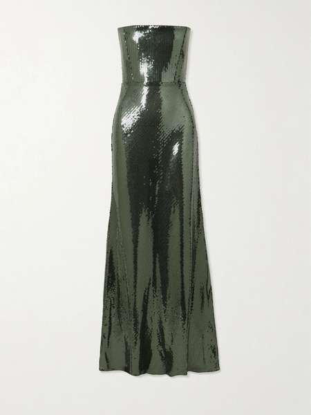  Alex Perry Alex Perry - Strapless Sequined Mesh Gown - Dark Green 