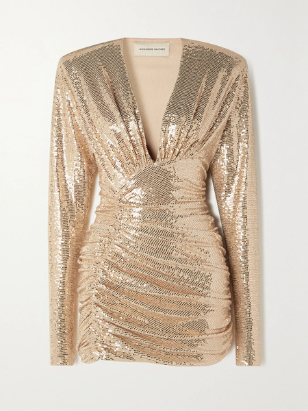  Alexandre Vauthier Alexandre Vauthier - Asymmetric Gathered Sequined Stretch-jersey Mini Dress - Sand 