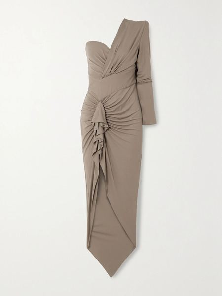  Alexandre Vauthier Alexandre Vauthier - Asymmetric One-sleeve Ruffled Stretch-jersey Maxi Dress - Gray 