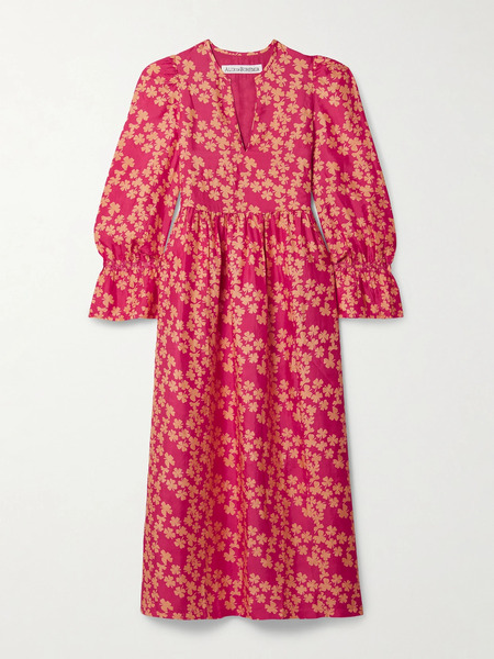  Alix Of Bohemia Alix Of Bohemia - Ines Gathered Printed Silk Midi Dress - Small 