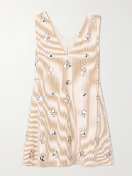  Alix Of Bohemia Alix Of Bohemia - Soleil Cedar Embellished Striped Cotton And Linen-blend Mini Dress - Beige 