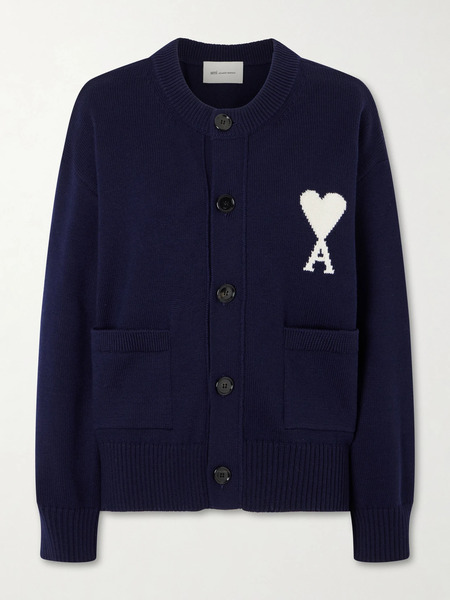  Ami Paris Ami Paris - Logo-embroidered Wool And Cotton-blend Cardigan - Navy 