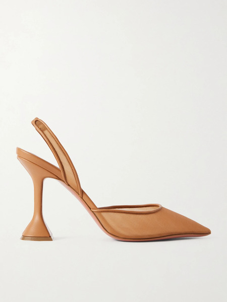  Amina Muaddi Amina Muaddi - Holli Leather-trimmed Mesh Slingback Pumps - Brown 