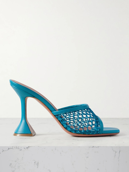  Amina Muaddi Amina Muaddi - Lupita Fishnet And Leather Mules - Turquoise 