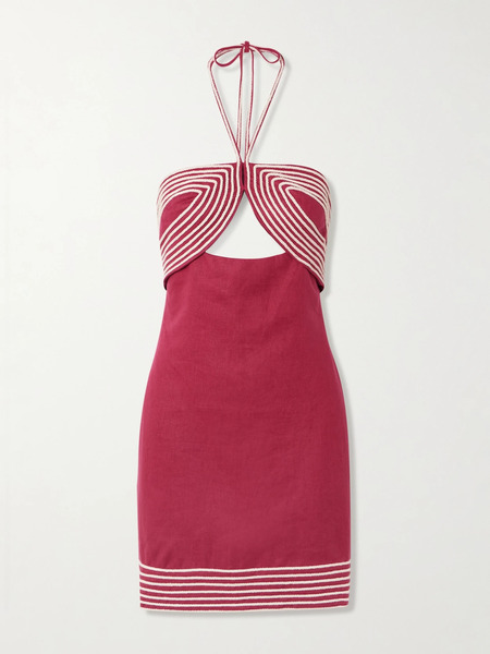 Andres Otalora Andres Otalora - De Coco Embroidered Linen Halterneck Mini Dress - Burgundy 