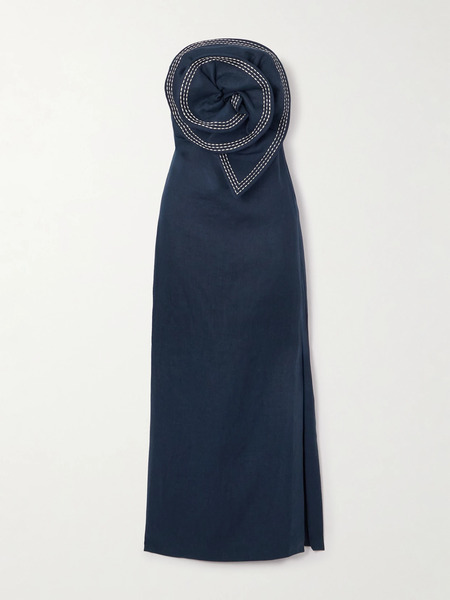  Andres Otalora Andres Otalora - Tactos Strapless Embroidered Appliquéd Linen Maxi Dress - Navy 