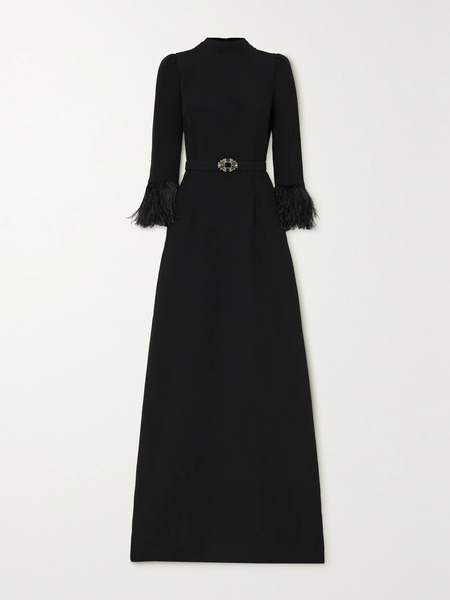  Andrew Gn Andrew Gn - Belted Crystal And Feather-embellished Crepe Gown - Black 