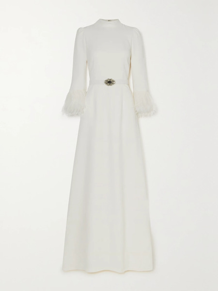  Andrew Gn Andrew Gn - Belted Crystal And Feather-embellished Crepe Gown - Off-white 