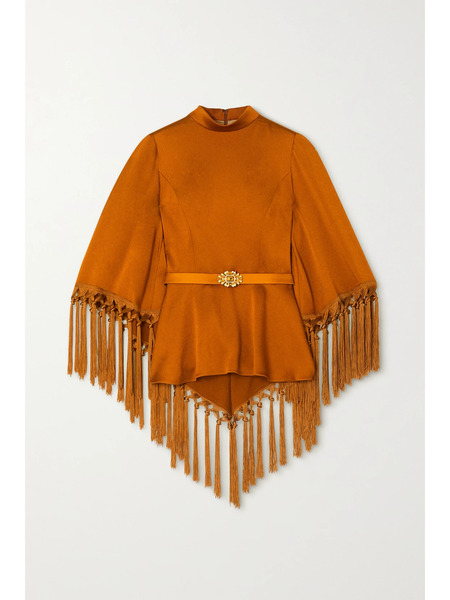  Andrew Gn Andrew Gn - Cape-effect Belted Tasseled Hammered-satin Blouse - Brown 