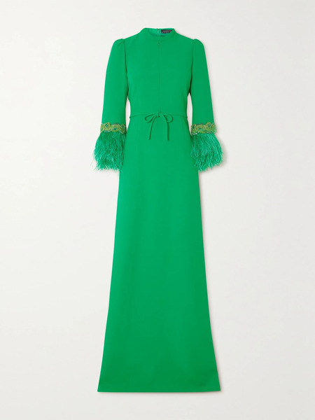  Andrew Gn Andrew Gn - Embellished Feather-trimmed Cady Gown - Emerald 