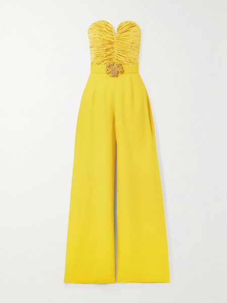  Andrew Gn Andrew Gn - Strapless Embellished Ruched Plissé-satin And Crepe Jumpsuit - Yellow 
