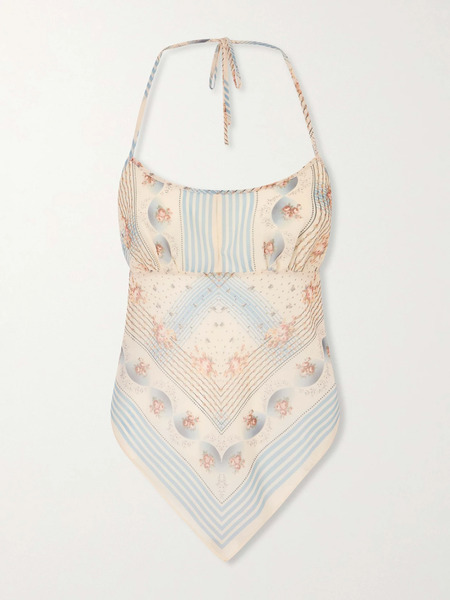  Anna Sui Anna Sui - Apron Printed Chiffon Halterneck Top - Blue 