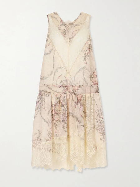  Anna Sui Anna Sui - Floral-print Lace-trimmed Chiffon Midi Dress - Cream 