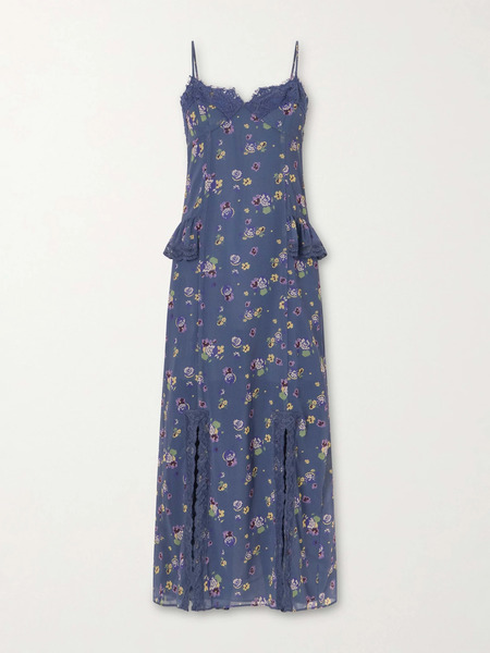  Anna Sui Anna Sui - Night Blooming Floral-print Lace-trimmed Chiffon Midi Dress - Blue 
