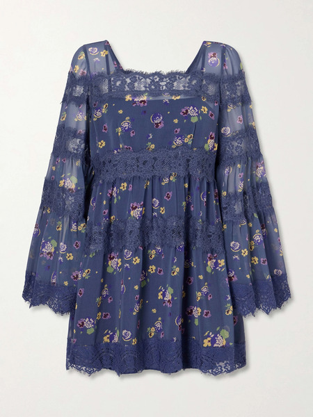  Anna Sui Anna Sui - Pleated Floral-print Lace-trimmed Chiffon Mini Dress - Blue 