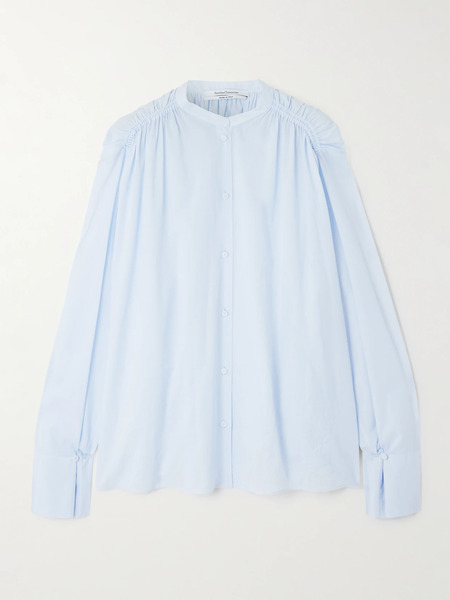  Another Tomorrow Another Tomorrow - Gathered Organic Cotton-voile Shirt - Light Blue 