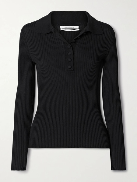  Another Tomorrow Another Tomorrow - Ribbed-knit Polo Sweater - Black 