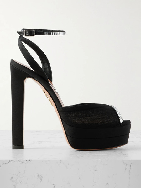  Aquazzura Aquazzura - Be Mine Plateau 130 Crystal-embellished Grosgrain-trimmed Pleated Chiffon Platform Sandals - Black 