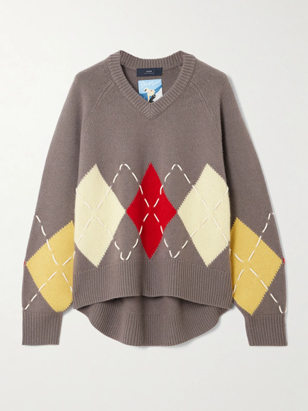  Arch4 Arch4 - Sloane Embroidered Argyle Cashmere Sweater - Mushroom 