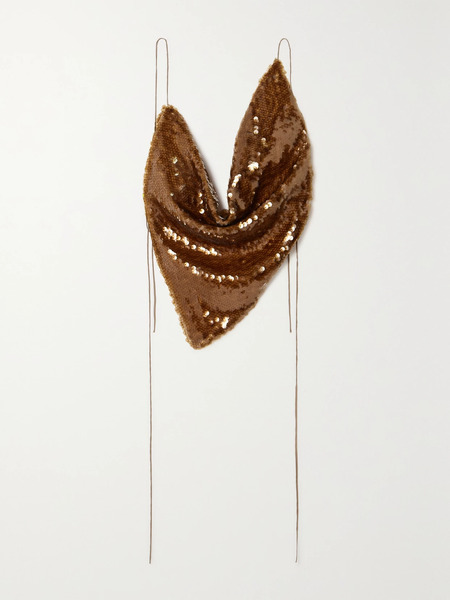  A.w.a.k.e. Mode A.w.a.k.e. Mode - Backless Draped Sequined Tulle Halterneck Top - Brown 