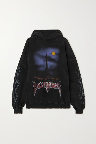  Balenciaga Balenciaga - Oversized Distressed Printed Cotton-jersey Hoodie - Black 