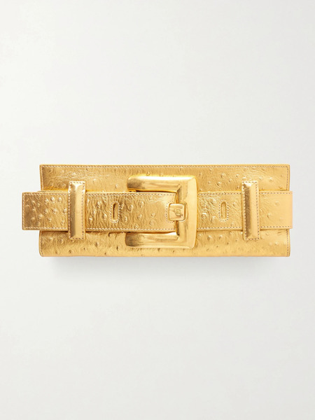  Balmain Balmain - Anthem Buckled Ostrich-effect Metallic Leather Clutch - Gold 