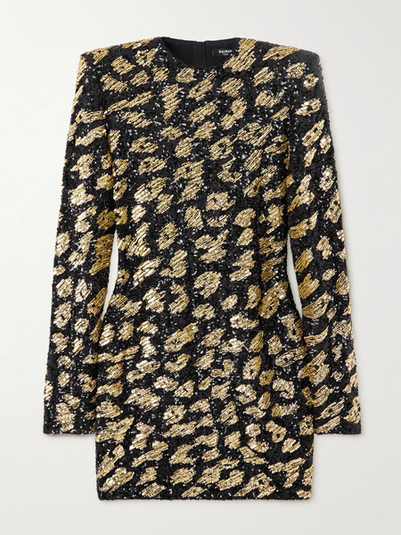  Balmain Balmain - Bead-embellished Sequined Satin Mini Dress - Leopard Print 