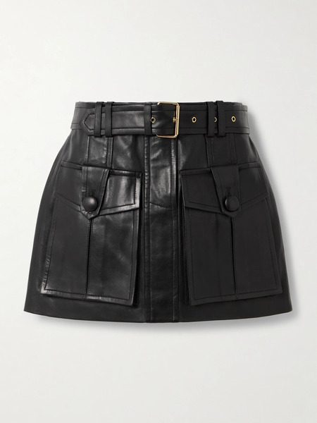  Balmain Balmain - Belted Paneled Leather Mini Skirt - Black 