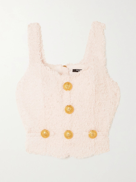  Balmain Balmain - Button-embellished Bouclé-tweed Top - Baby Pink 