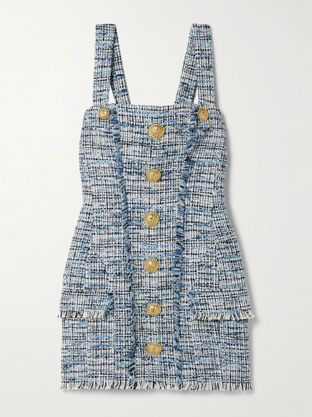  Balmain Balmain - Button-embellished Frayed Cotton-blend Tweed Mini Dress - Light Blue 