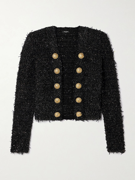  Balmain Balmain - Button-embellished Sequined Metallic Bouclé-tweed Jacket - Black 