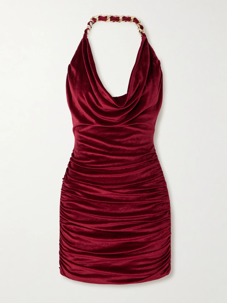 Balmain Balmain - Chain-embellished Draped Velvet Mini Dress - Burgundy 