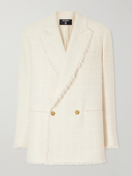  Balmain Balmain - Double-breasted Frayed Wool And Cotton-blend Tweed Blazer - Off-white 