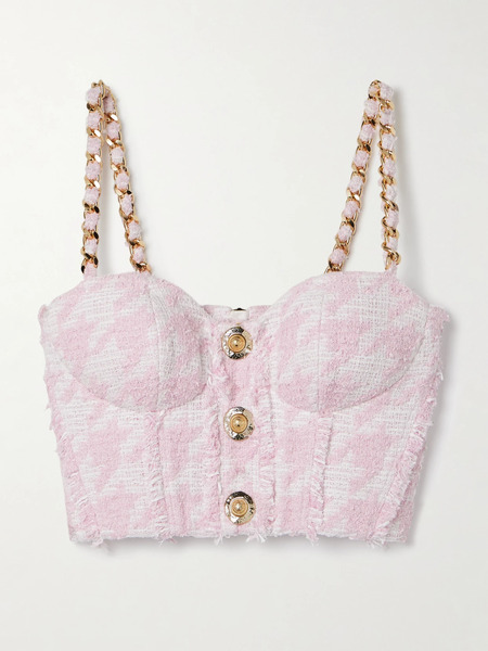  Balmain Balmain - Embellished Cotton-blend Tweed Bustier Top - Pink 