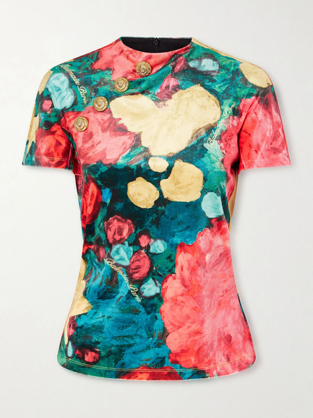  Balmain Balmain - Embellished Floral-print Velvet T-shirt - Green 